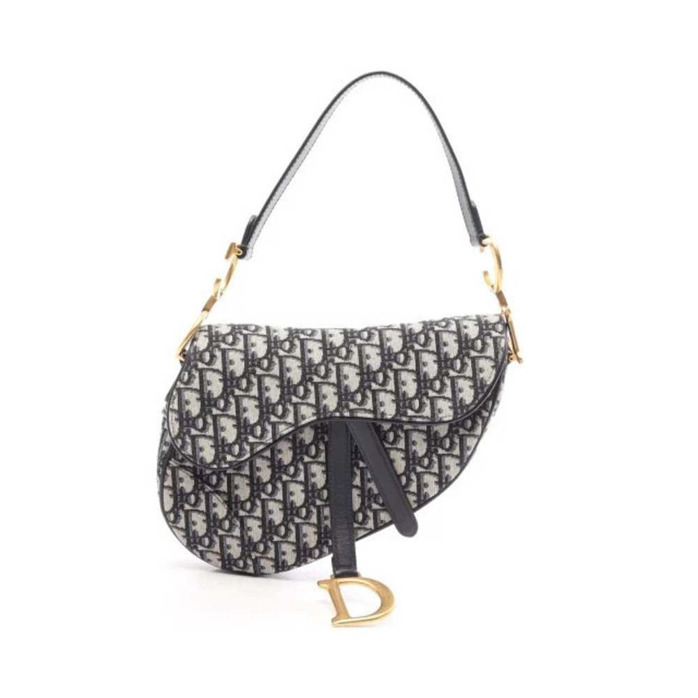 Christian Dior SADDLE Oblique Handbag Canvas Leather Navy Blue Beige Cream Black